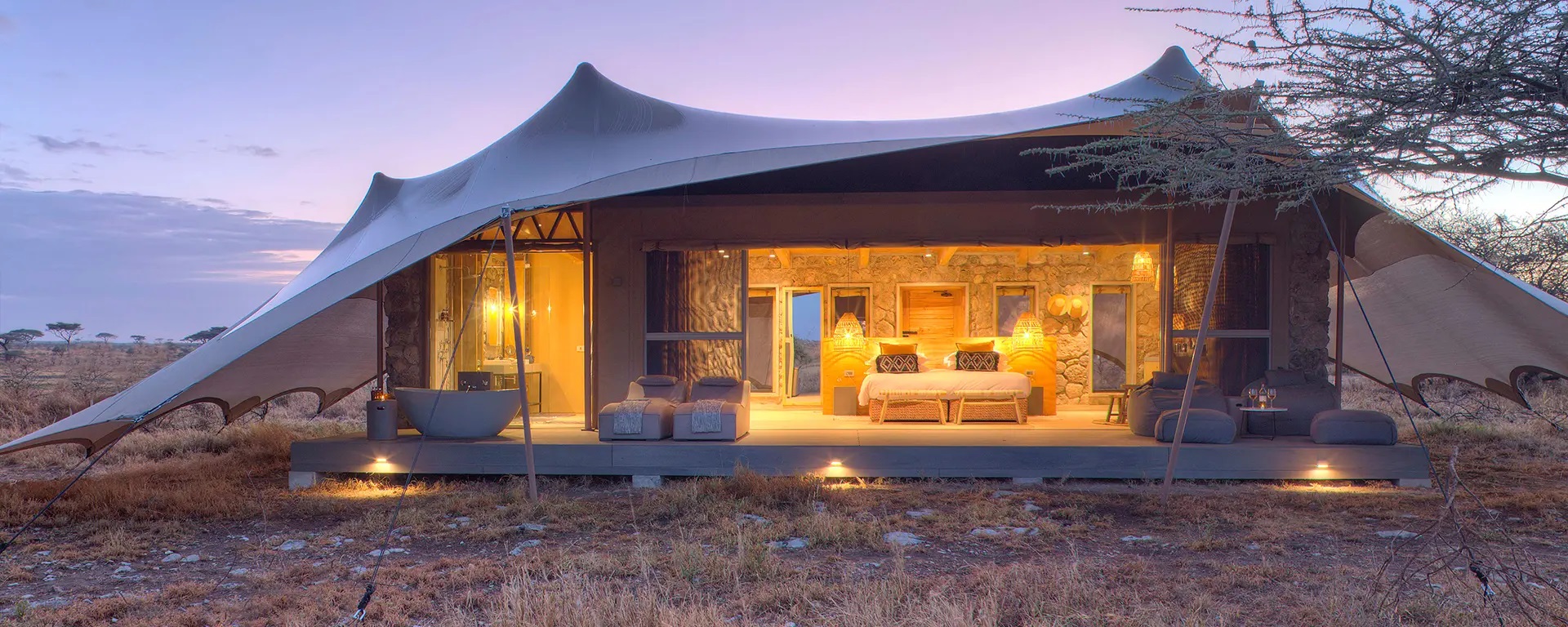 Exterior view of a luxury safari tent